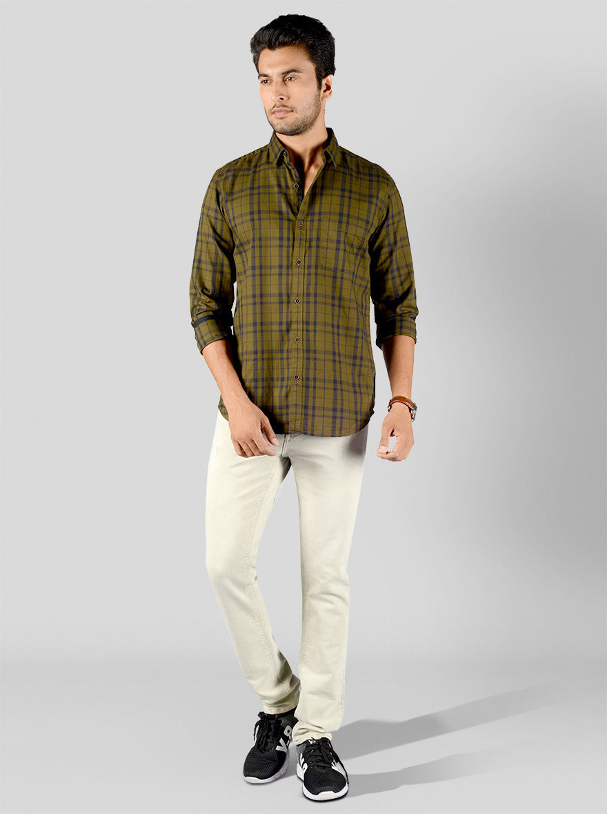 Dark Olive Green Checked Slim Fit Casual Shirt | JB Sport