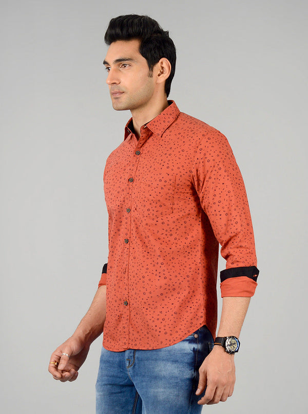 Brick Red Printed Slim Fit Casual Shirt | Greenfibre