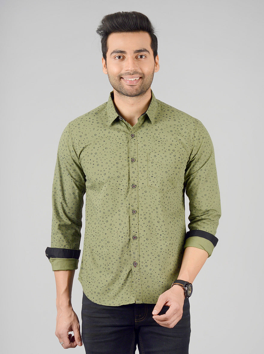 Olive Green Printed Slim Fit Casual Shirt | Greenfibre