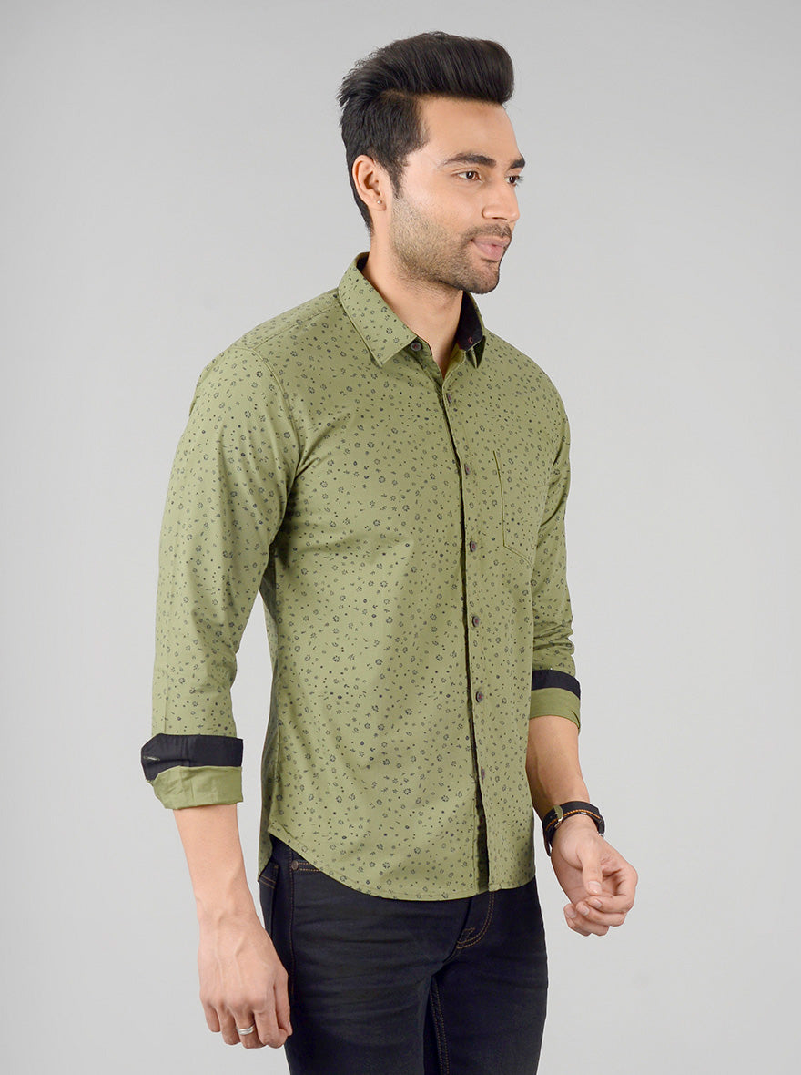 Olive Green Printed Slim Fit Casual Shirt | Greenfibre