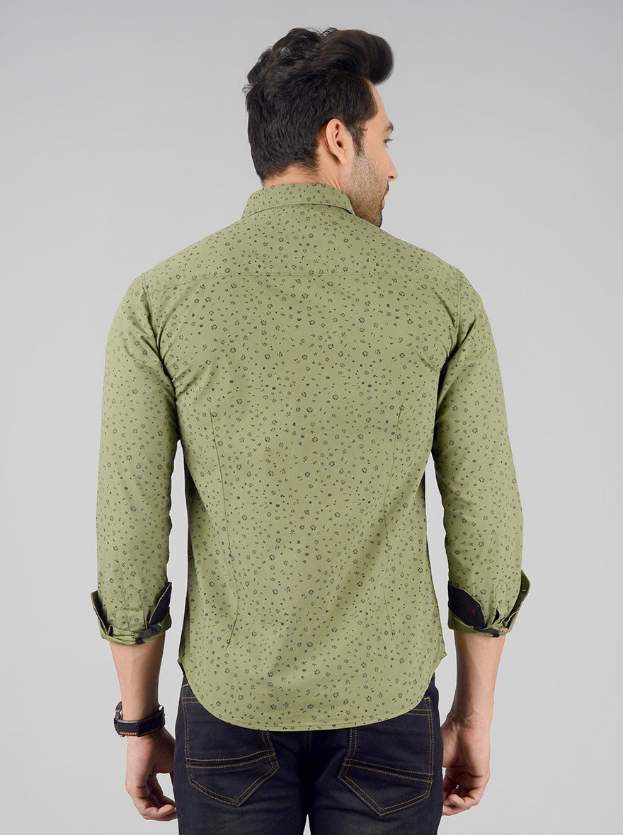 Olive Green Printed Slim Fit Casual Shirt | Greenfibre