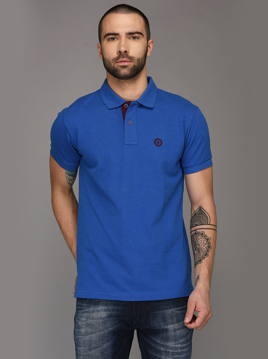 Greenfibre Royal Blue Melange Slim Fit Polo T-Shirt