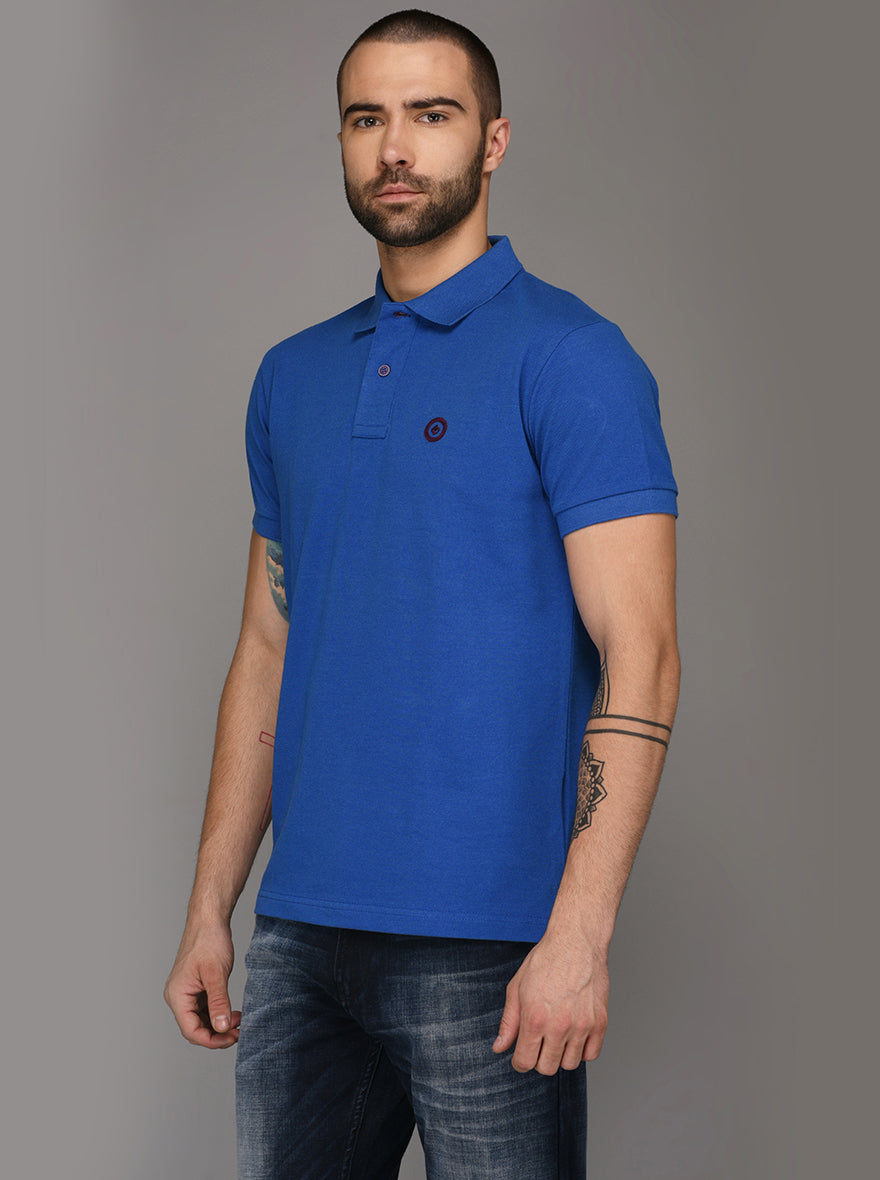 Greenfibre Royal Blue Melange Slim Fit Polo T-Shirt