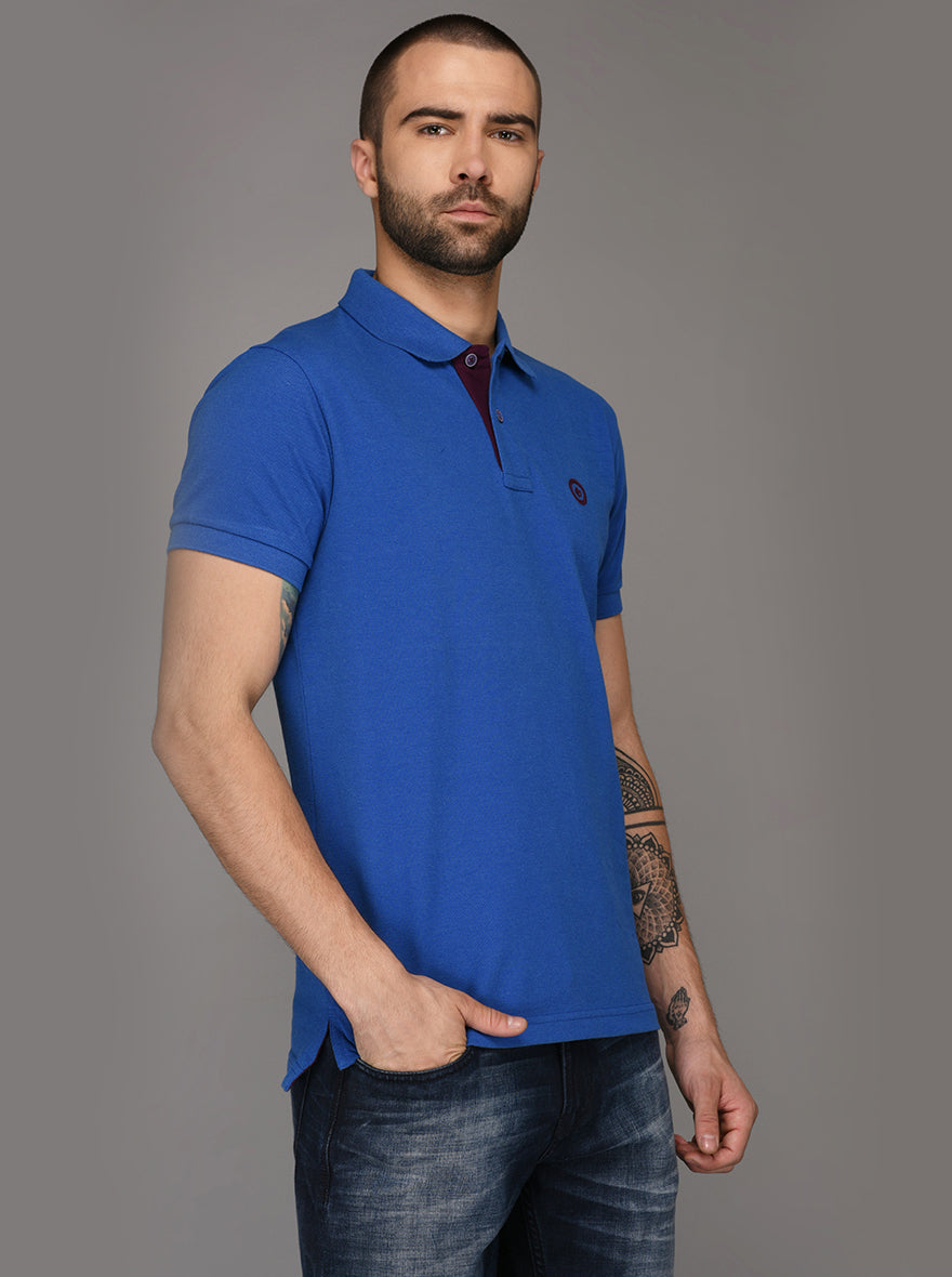 Greenfibre Royal Blue Melange Slim Fit Polo T-Shirt