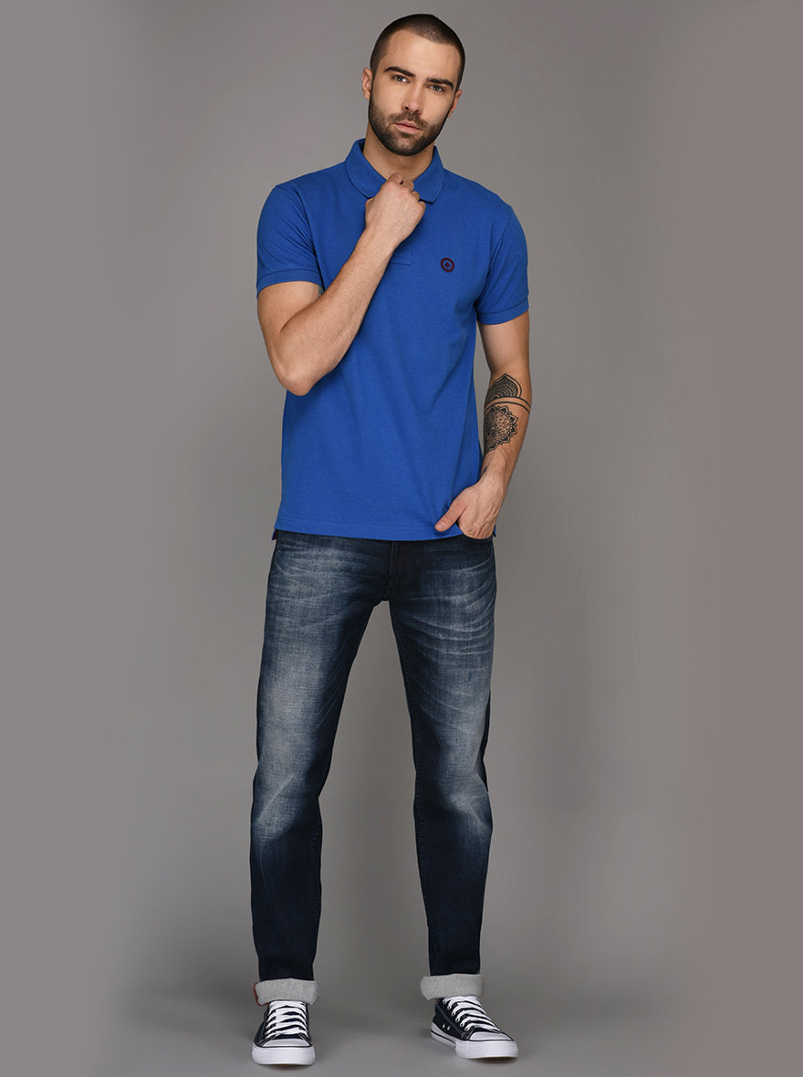 Greenfibre Royal Blue Melange Slim Fit Polo T-Shirt