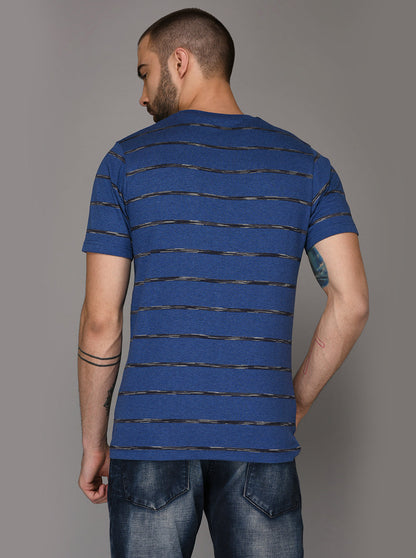 Greenfibre Blue Melange Striped Slim Fit Round Neck T-Shirt