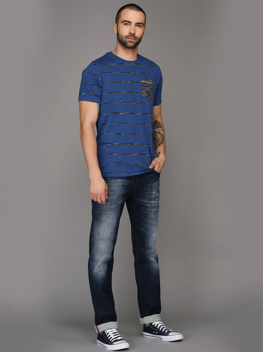 Greenfibre Blue Melange Striped Slim Fit Round Neck T-Shirt