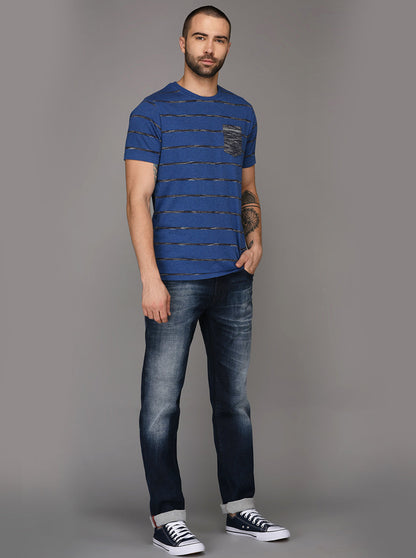 Greenfibre Blue Melange Striped Slim Fit Round Neck T-Shirt