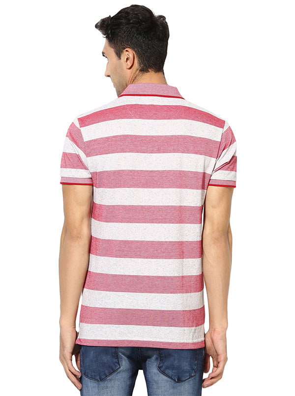 Greenfibre Pinkish Red Striped Slim Fit Polo T-Shirt