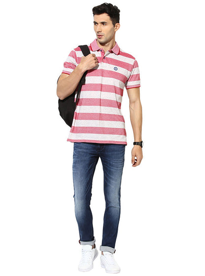 Greenfibre Pinkish Red Striped Slim Fit Polo T-Shirt