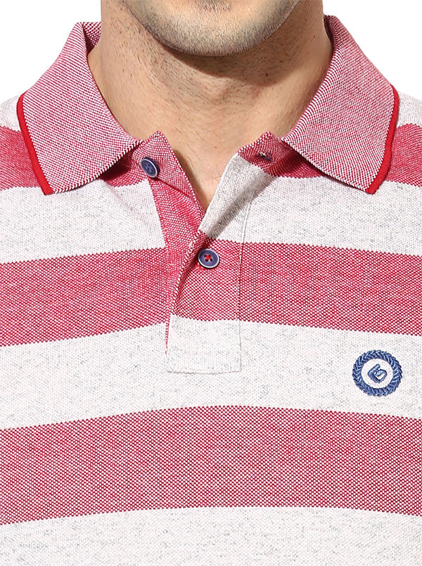 Greenfibre Pinkish Red Striped Slim Fit Polo T-Shirt
