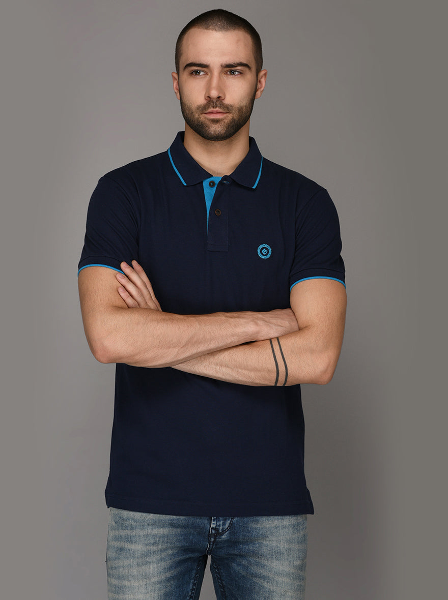Greenfibre Navy Blue Slim Fit Polo T-Shirt