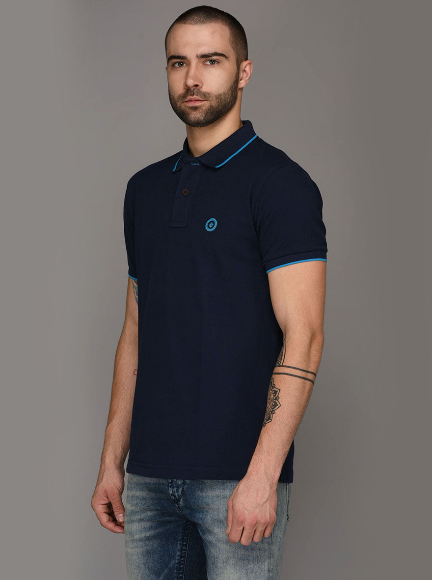 Greenfibre Navy Blue Slim Fit Polo T-Shirt