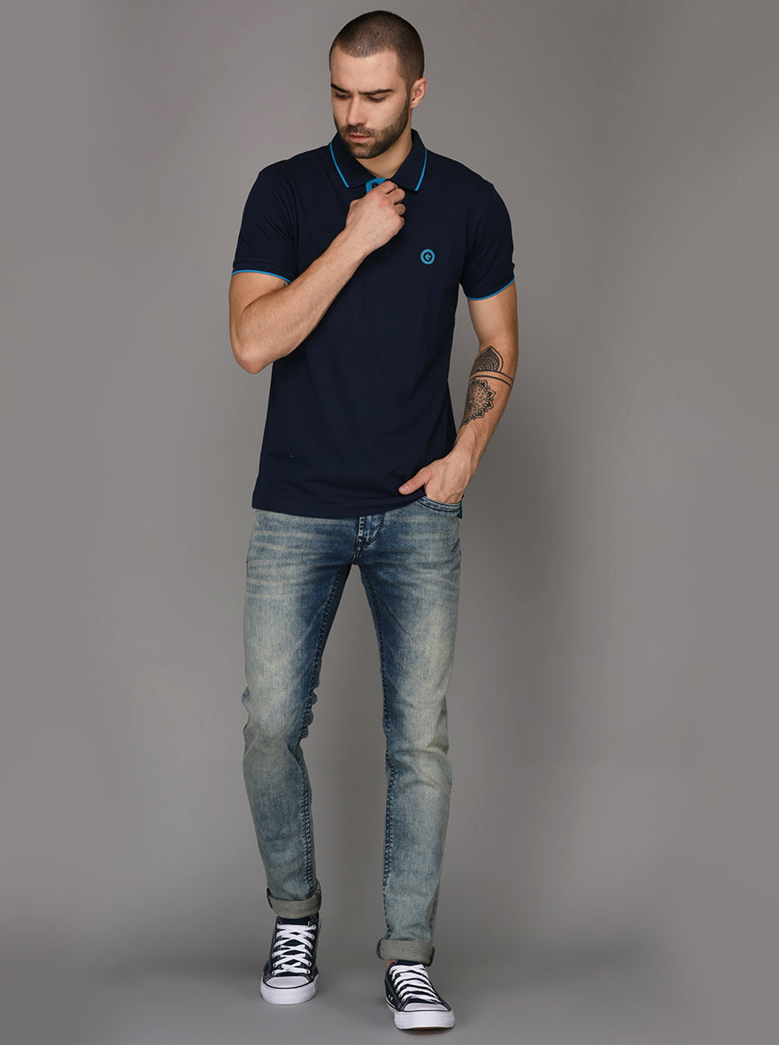 Greenfibre Navy Blue Slim Fit Polo T-Shirt