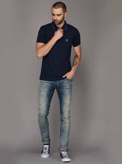 Greenfibre Navy Blue Slim Fit Polo T-Shirt