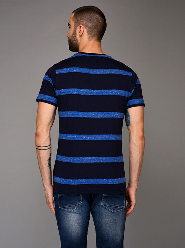 Greenfibre Blue Striped Slim Fit Round Neck T-Shirt