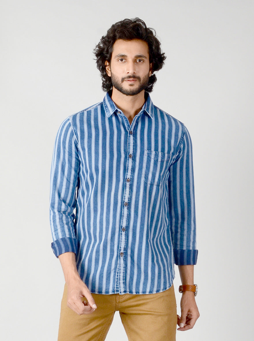 True Blue Striped Slim Fit Casual Shirt | JB Sport