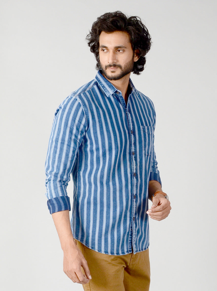 True Blue Striped Slim Fit Casual Shirt | JB Sport