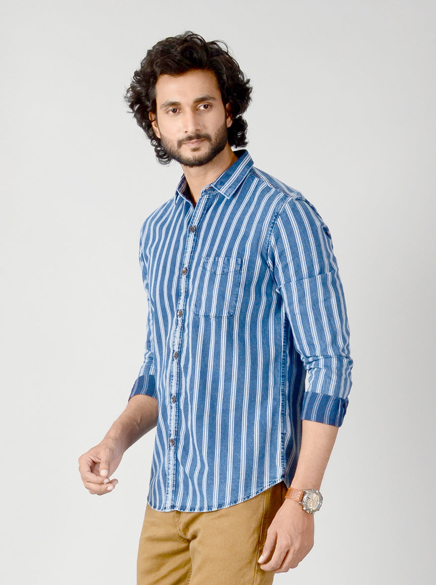 True Blue Striped Slim Fit Casual Shirt | JB Sport