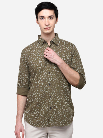 Olive Tailored Fit Printed Casual Shirt | JB Sport