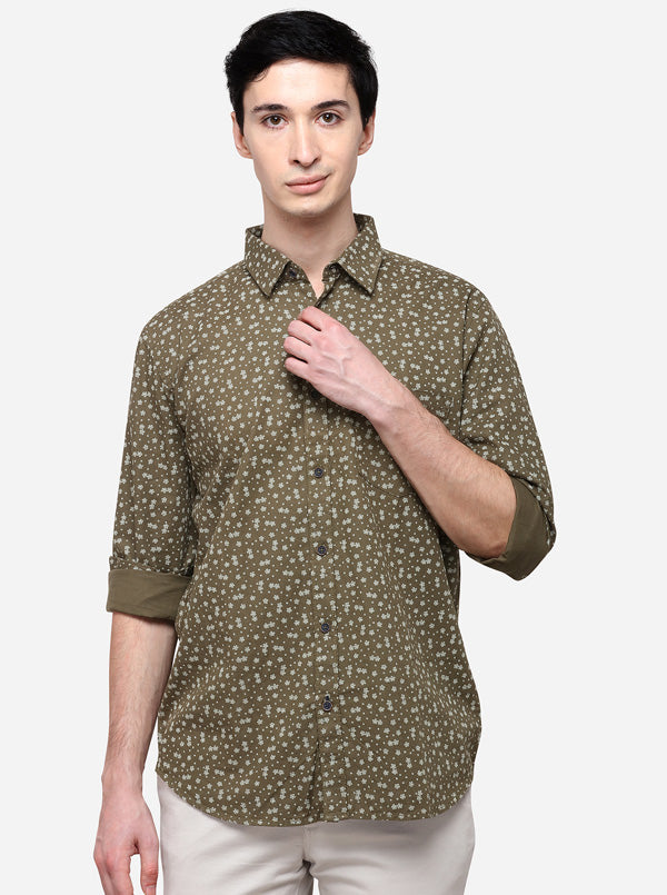 Olive Tailored Fit Printed Casual Shirt | JB Sport