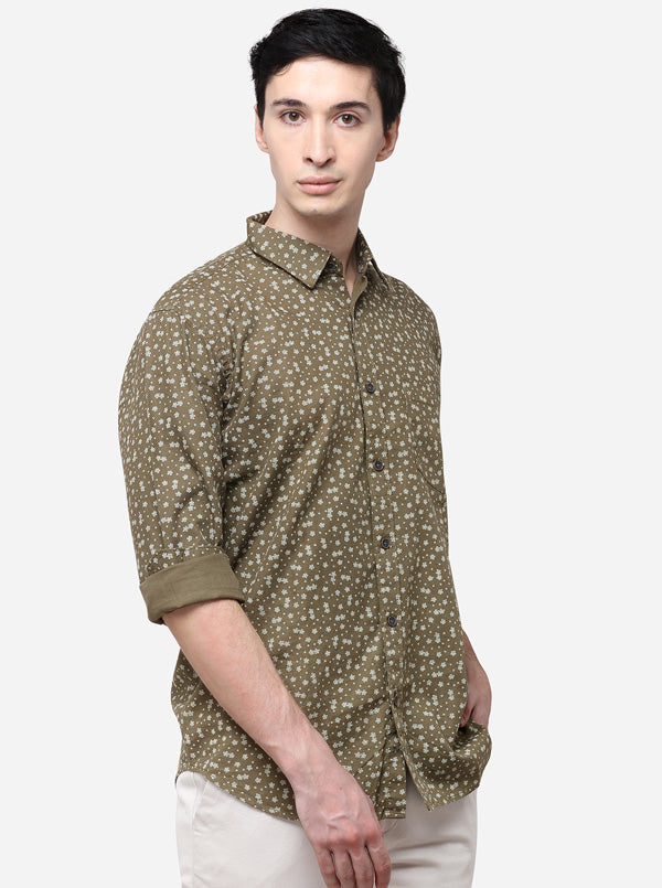 Olive Tailored Fit Printed Casual Shirt | JB Sport
