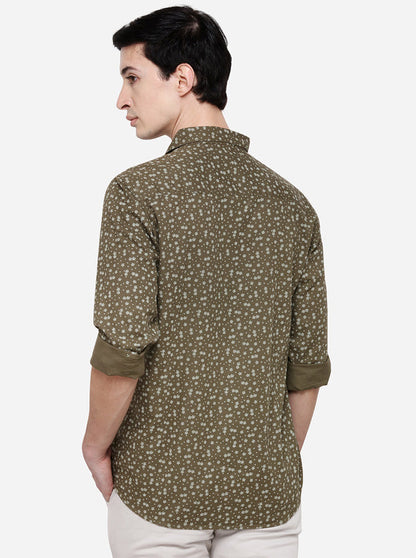 Olive Tailored Fit Printed Casual Shirt | JB Sport