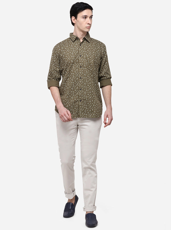Olive Tailored Fit Printed Casual Shirt | JB Sport