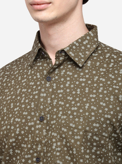 Olive Tailored Fit Printed Casual Shirt | JB Sport