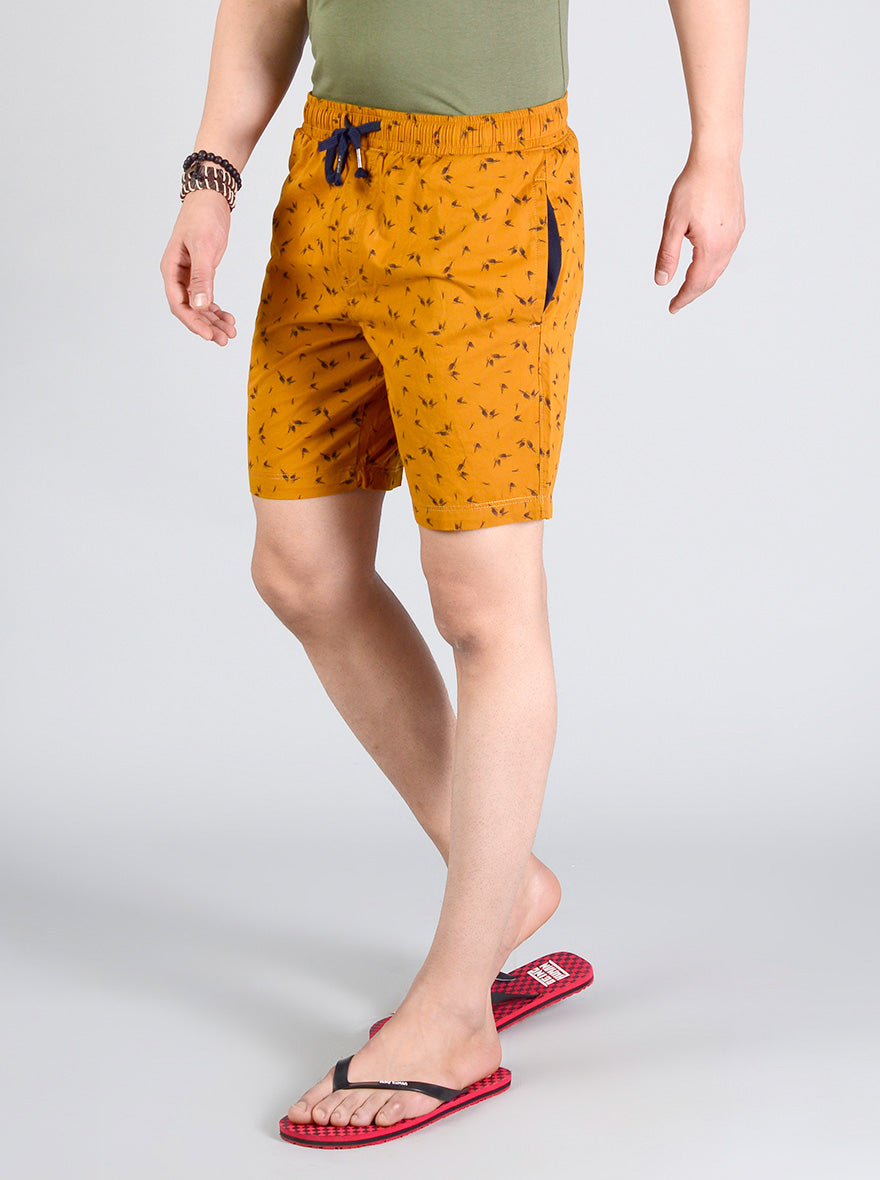 Golden Yellow Printed Regular Fit Shorts | JadeBlue