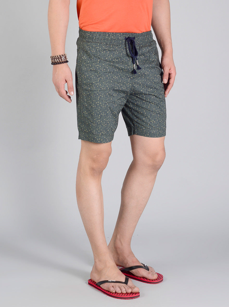 Olive Green & Blue Printed Regular Fit Shorts | JadeBlue