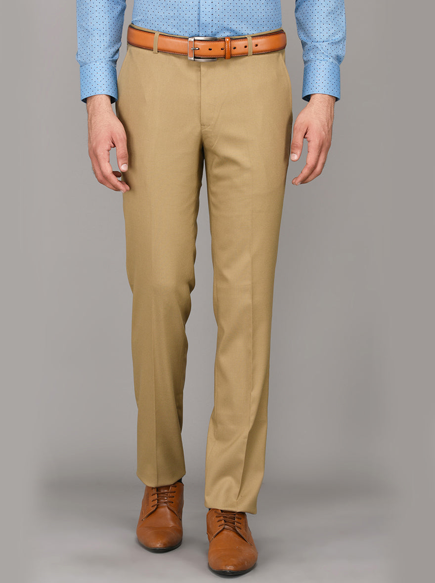 Greenfibre Khaki Self Textured Slim Fit Formal Trouser