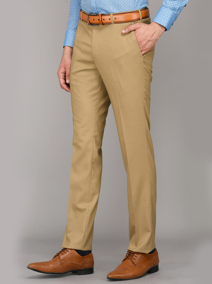 Greenfibre Khaki Self Textured Slim Fit Formal Trouser