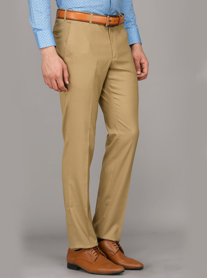 Greenfibre Khaki Self Textured Slim Fit Formal Trouser