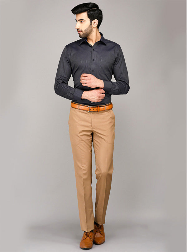 Greenfibre Light Brown Self Textured Slim Fit Formal Trouser