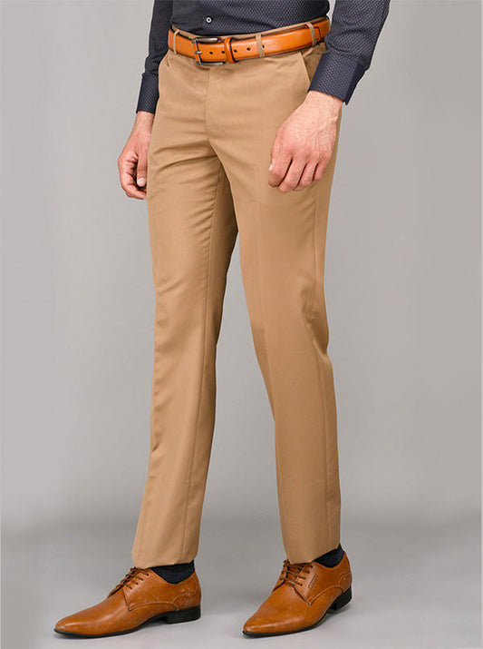 Greenfibre Light Brown Self Textured Slim Fit Formal Trouser