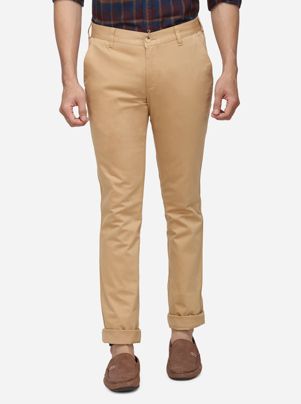 Khaki Solid Super Slim Fit Casual Trouser | Greenfibre