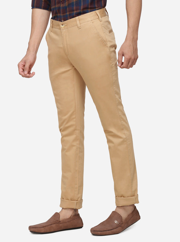 Khaki Solid Super Slim Fit Casual Trouser | Greenfibre