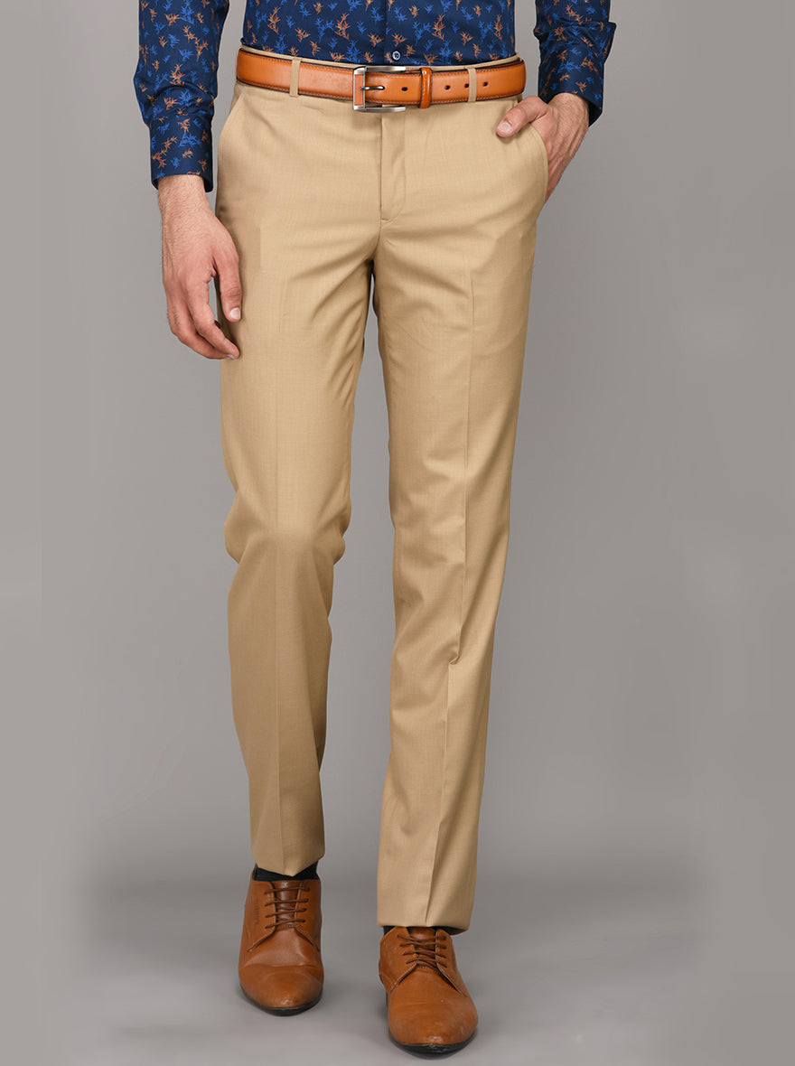 Greenfibre Khaki Self Textured Slim Fit Formal Trouser