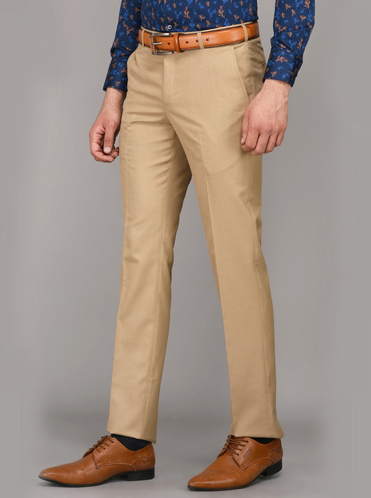 Greenfibre Khaki Self Textured Slim Fit Formal Trouser