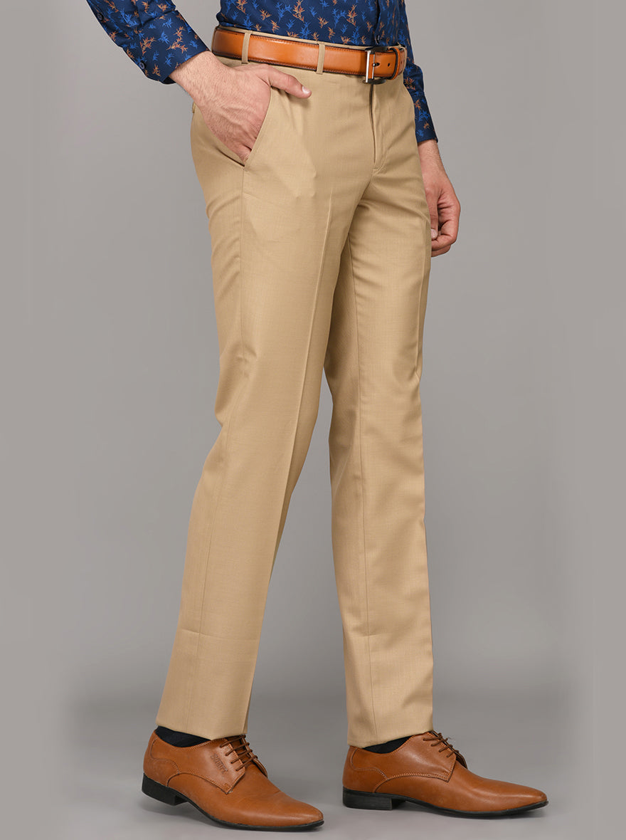 Greenfibre Khaki Self Textured Slim Fit Formal Trouser