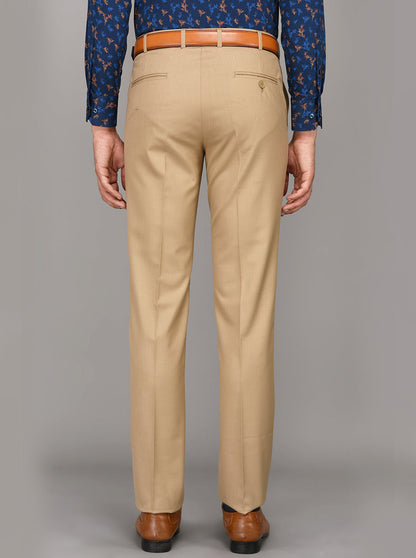 Greenfibre Khaki Self Textured Slim Fit Formal Trouser