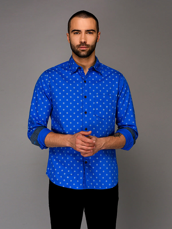 Greenfibre Bright Blue Printed Slim Fit Casual Shirt