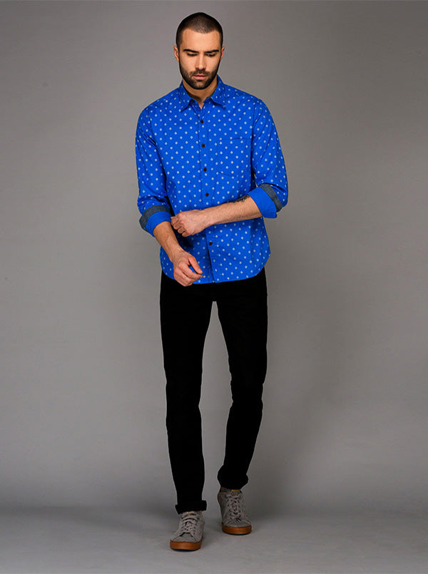 Greenfibre Bright Blue Printed Slim Fit Casual Shirt