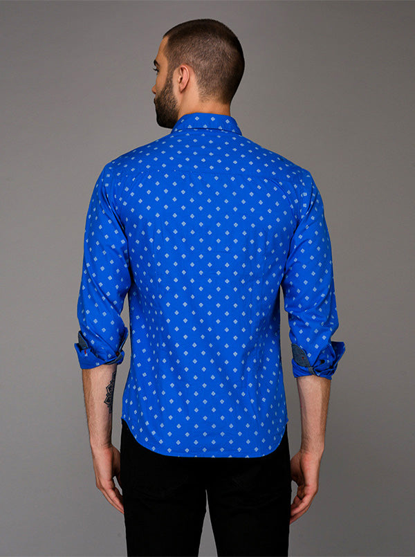 Greenfibre Bright Blue Printed Slim Fit Casual Shirt