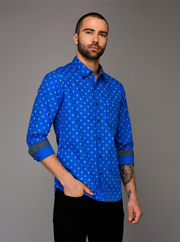 Greenfibre Bright Blue Printed Slim Fit Casual Shirt