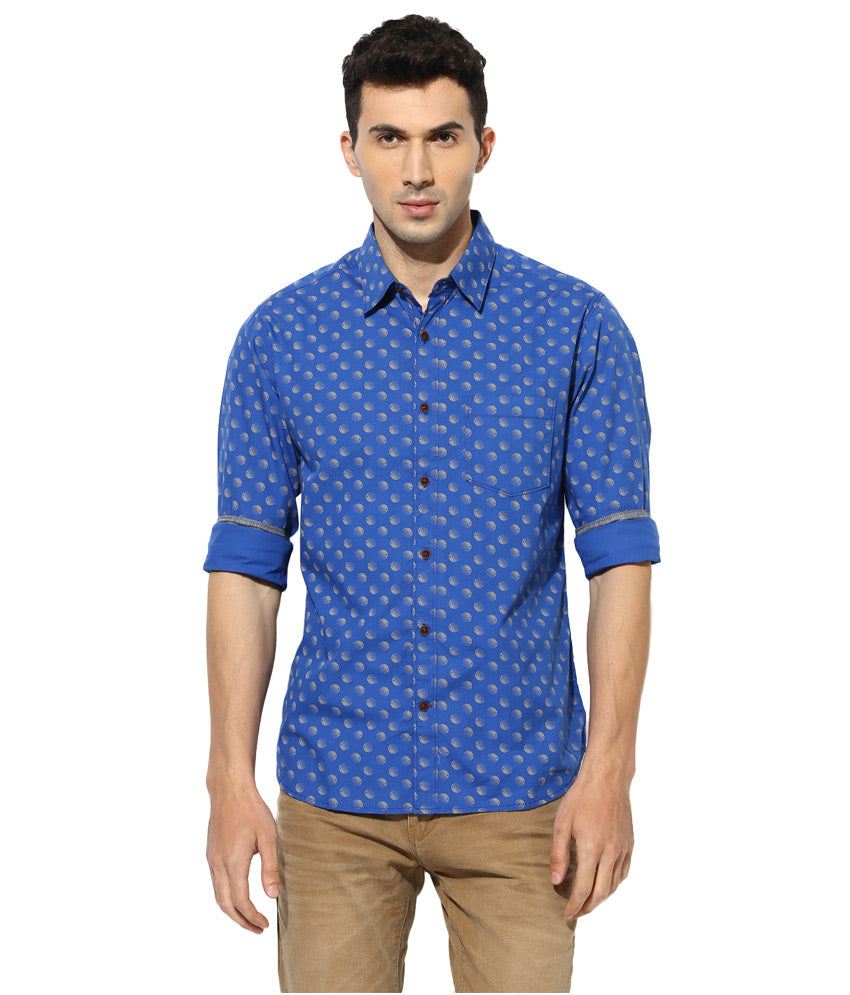 Greenfibre Blue Printed Slim Fit Casual Shirt