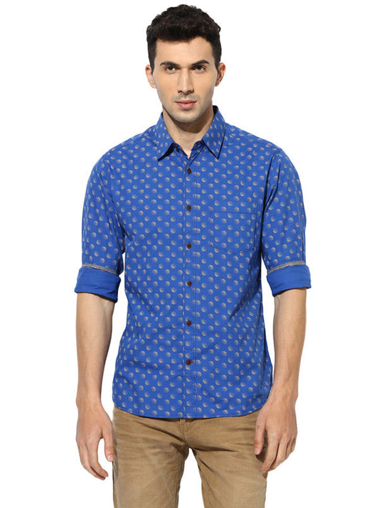 Greenfibre Blue Printed Slim Fit Casual Shirt