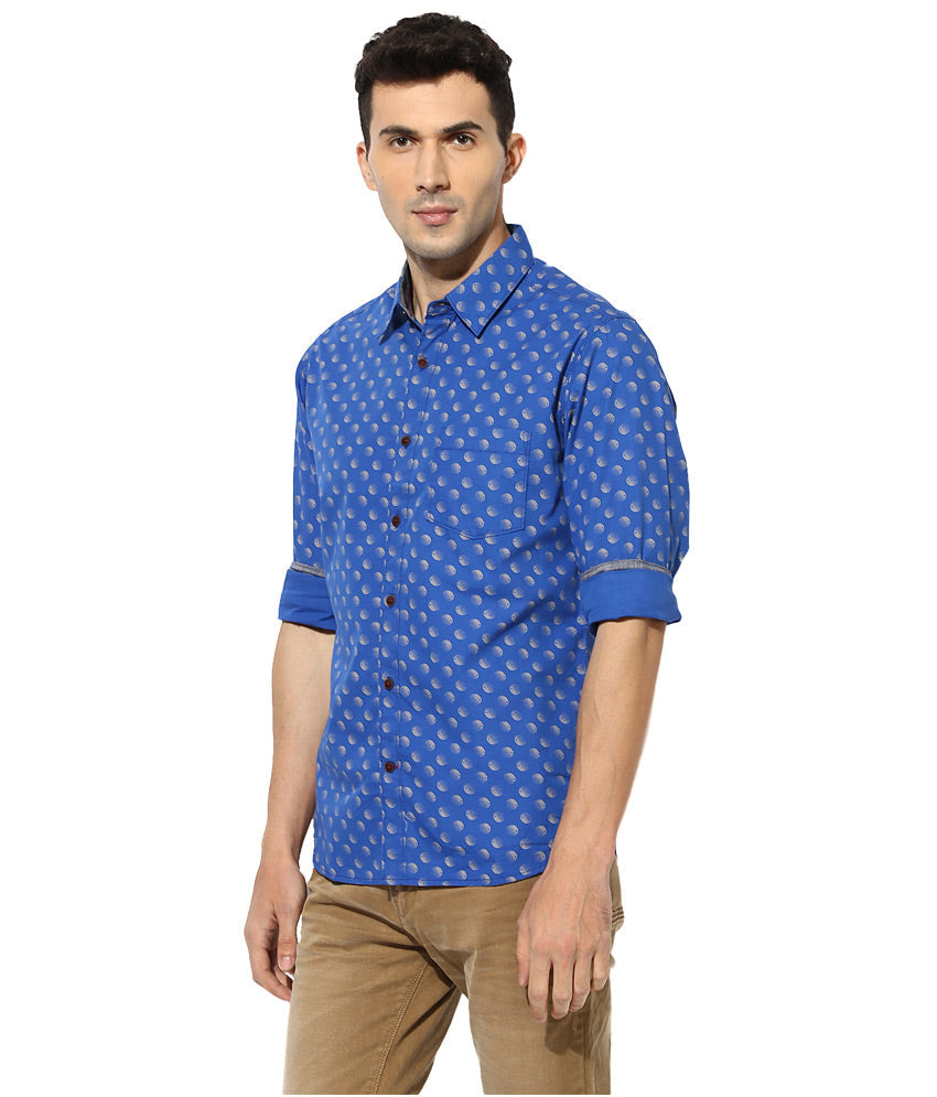 Greenfibre Blue Printed Slim Fit Casual Shirt