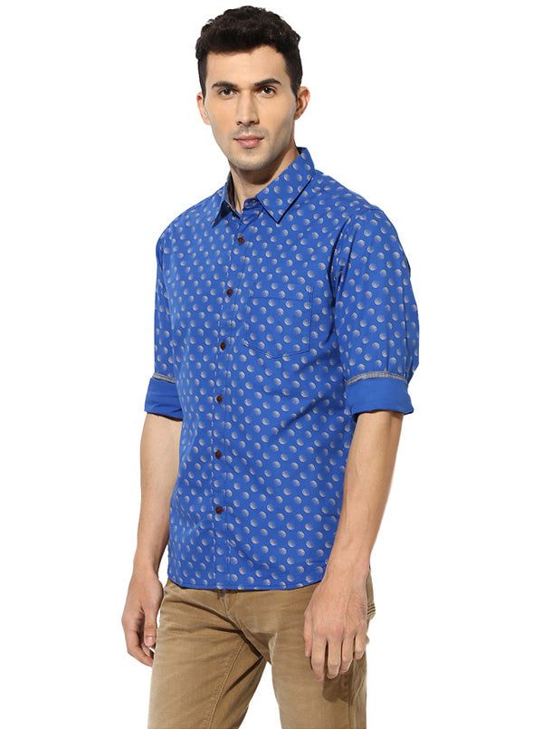 Greenfibre Blue Printed Slim Fit Casual Shirt